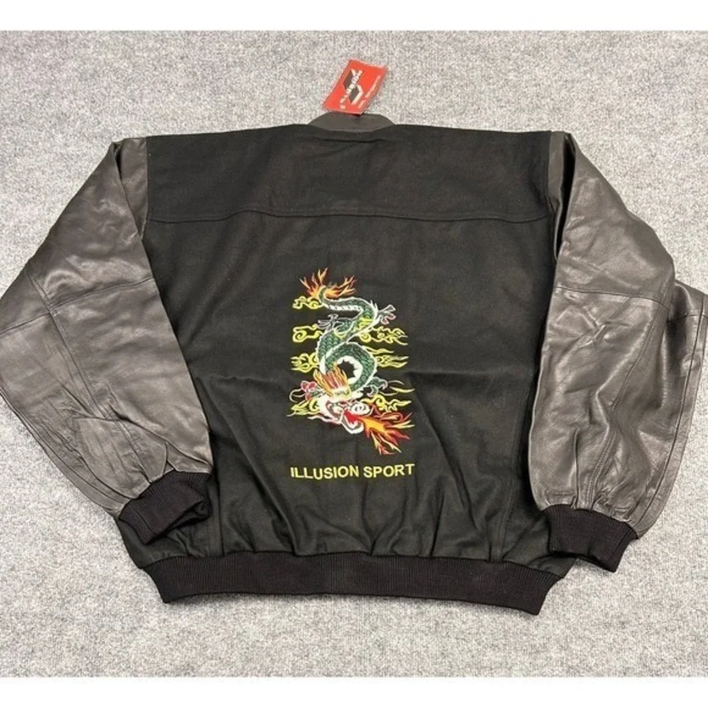 Vintage‎ Illusion Men's Bomber Jacket Dragon Embroidered Leather Sleeves Size XL